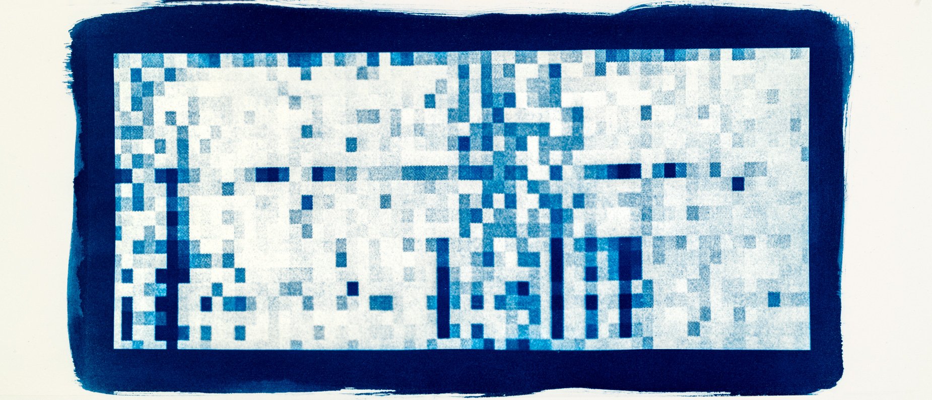 Cianotípia de Roser Salarich de l’obra «Escacs mutants»: la imatge científica revelada en blanc sobre paper blau intens.